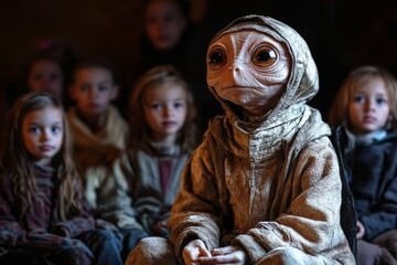 Obraz premium Alien creature interacting with curious children in a dimly lit room during an engaging storytelling session