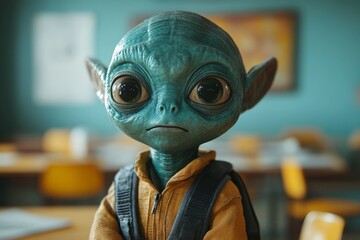 Alien child character in a classroom setting with bright colors and a calm expression on a sunny day