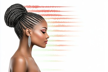 A profile view of a woman with stylish braided hair, featuring a high bun and elegant earrings, set against a colorful abstract background.