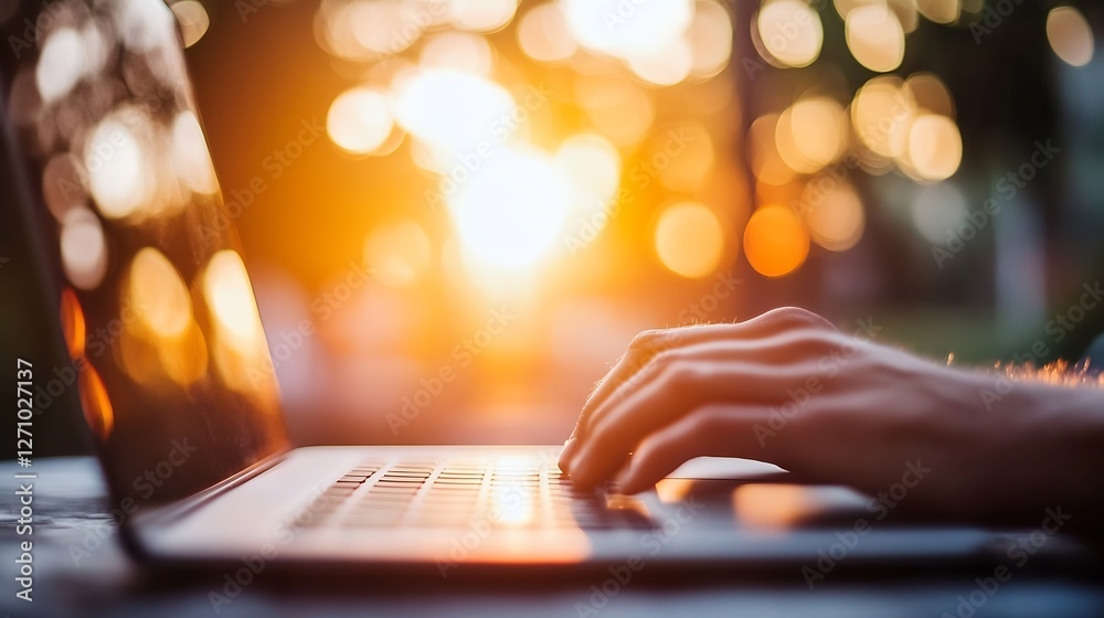 Poster Person typing on laptop during sunset with bokeh effect creating a warm atmosphere : Generative AI