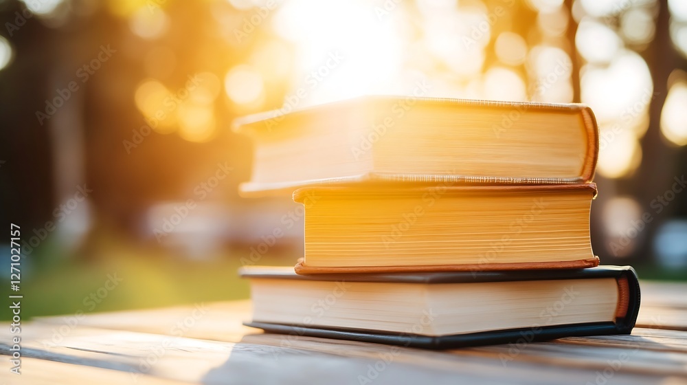 Poster three stacked books basking in the soft glow of a sunset creating a serene atmosphere : generative a