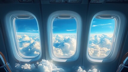 Naklejka premium Stunning View from Airplane Windows Showcasing Clear Blue Sky with Fluffy White Clouds Above a Majestic Landscape, Perfect for Travel and Adventure Themes