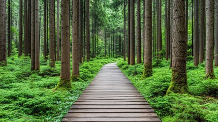Obraz premium Serene Wooden Path Through Lush Green Forest with Tall Trees