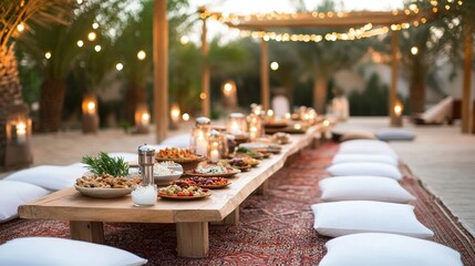 Outdoor dining setup with Moroccan dishes under twinkling lights