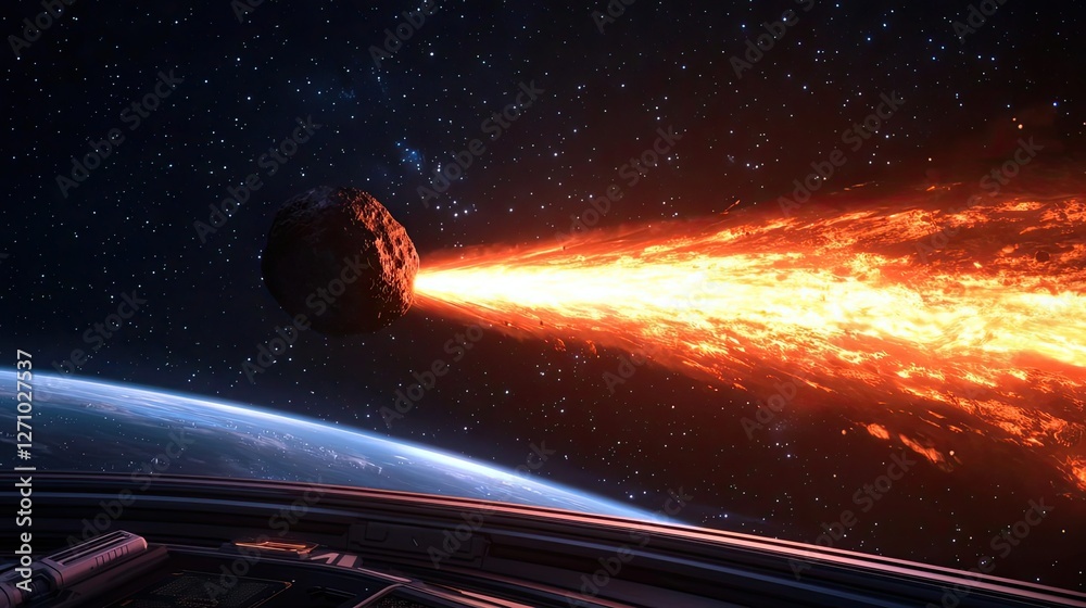 Poster asteroid impact idea. a stunning view of an asteroid hurtling through space, emitting fiery trails t