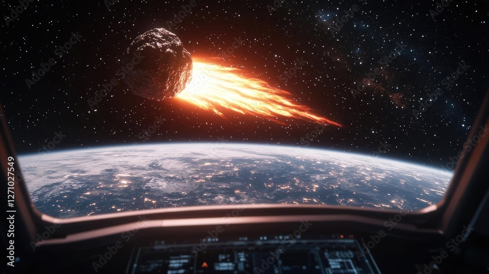 Poster asteroid impact idea. a spaceship view witnessing an asteroid approaching earth, showcasing cosmic a