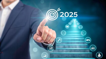 Fototapeta premium Businessman Pointer Targeting Future Goals for 2025 Vision and Growth
