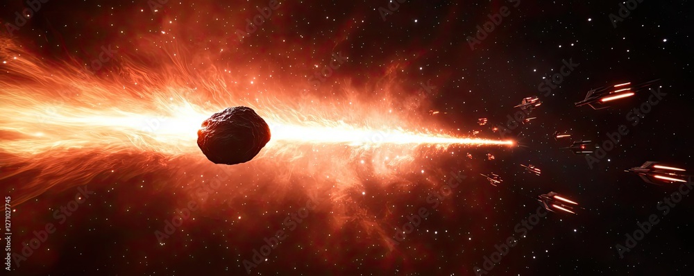 Poster asteroid impact idea. a vibrant depiction of an asteroid hurtling through space with fiery trails.