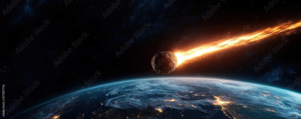 Poster asteroid impact idea. a dramatic view of an asteroid approaching earth in a cosmic setting.