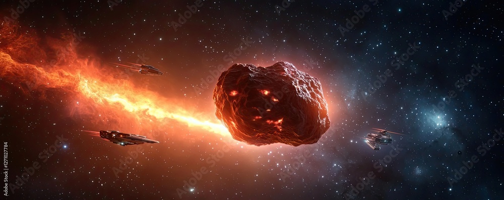Poster asteroid impact idea. a stunning image of an asteroid hurtling through space, surrounded by cosmic e