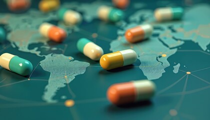 Colorful capsules, tablets scattered over world map global medicine distribution. Pharmaceutical products, supplements supply. Healthcare, wellness concept. Remedy, therapy, biomedicine, diagnostics,