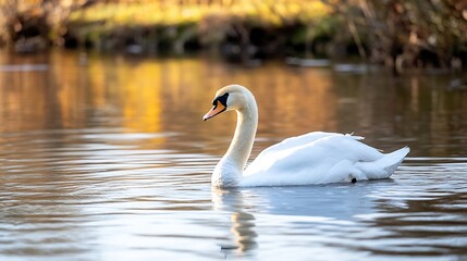 Graceful swan swimming serenely across the tranquil lake reflecting autumn colors and golden light : Generative AI