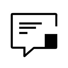 Minimalist speech bubble icon with a black and white design featuring text lines on a white background, ideal for communication graphics

