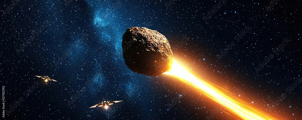 Poster asteroid impact idea. a dramatic asteroid hurtling through space with distant spacecraft in pursuit.