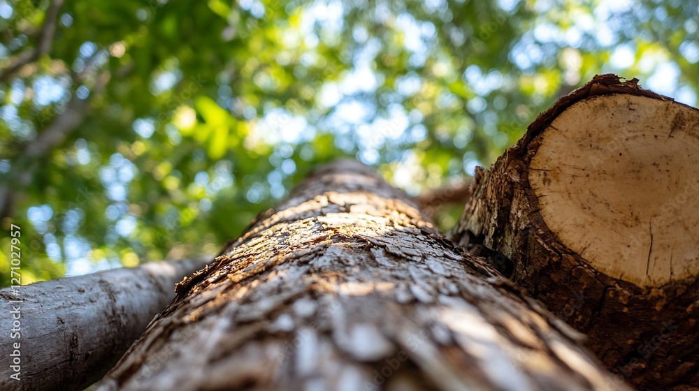 Aufkleber Close up view of a tall tree trunk reaching towards a bright sky in a lush forest : Generative AI