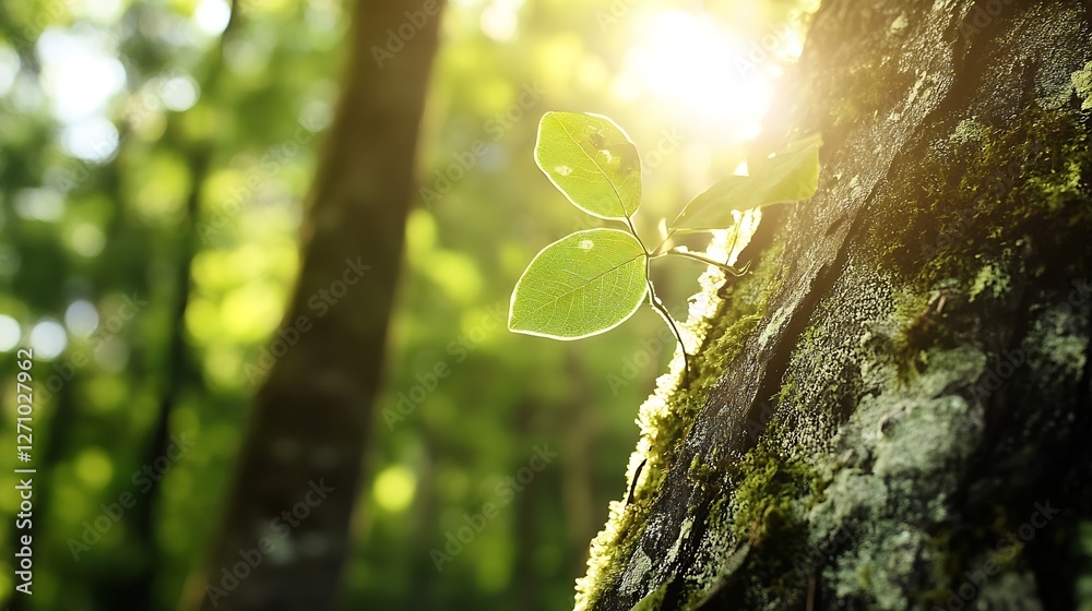 Poster new green leaves shimmering under sunlight on an ancient tree trunk in a vibrant forest : generative