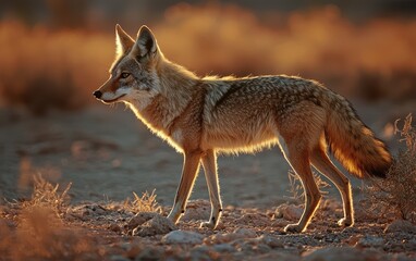 Fototapeta premium A cautious coyote walking across desert terrain