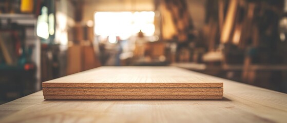 Close-up of a wooden workbench in a workshop with tools and materials in the background