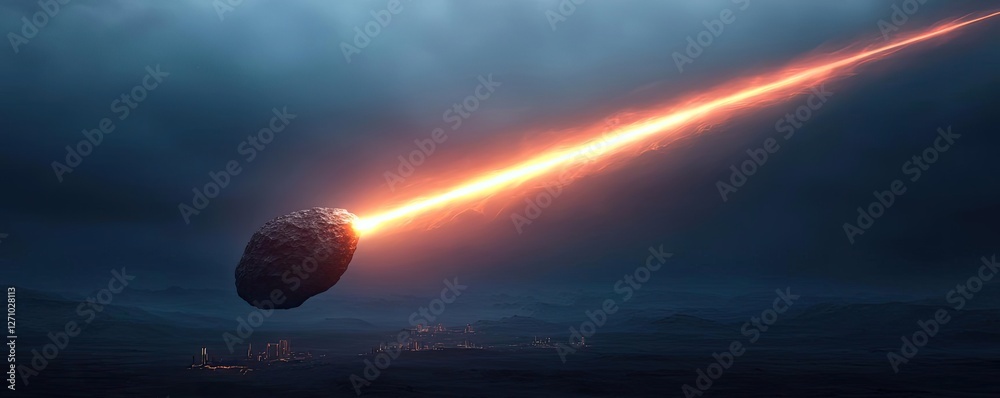 Poster asteroid impact idea. a meteor streaks through a dark sky, illuminating the atmosphere with a fiery 