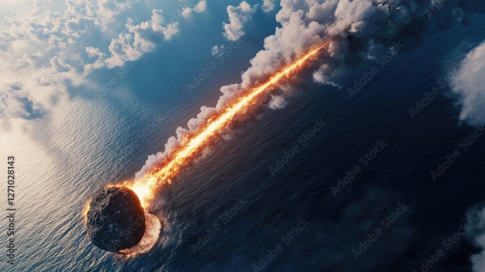 Poster asteroid impact idea. a dramatic view of a fiery meteor entering the earth's atmosphere over the oce