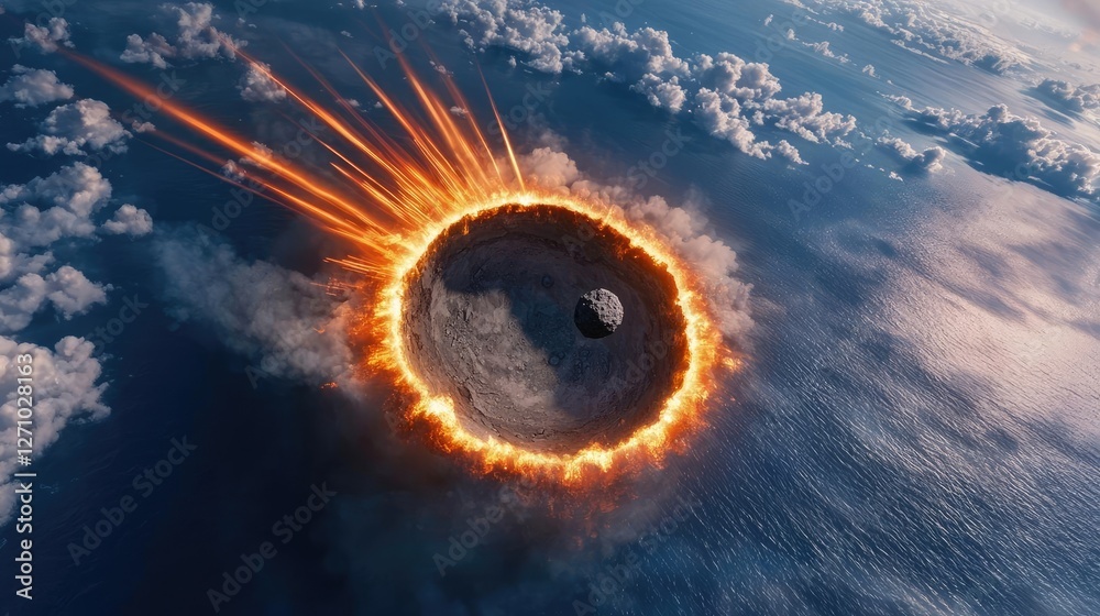 Poster asteroid impact idea. a dramatic meteor impact with fiery trails above the ocean and a cloud-filled 