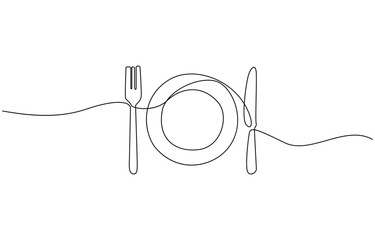 Obraz premium Plate with fork and knife. Continuous line drawing. Food frame border doodle, Minimalist continuous one line drawing of plate with fork, spoon and knife. Restaurant concept line icon.