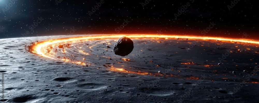 Poster asteroid impact concept. a breathtaking view of a celestial body orbiting with fiery details against