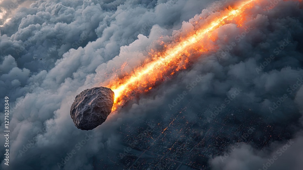 Poster asteroid impact concept. an asteroid streaks through the clouds, leaving a fiery trail in the sky.