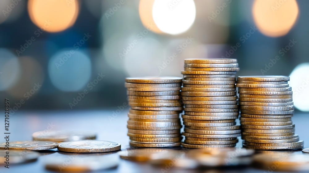 Poster stacked coins on a table with blurry background depicting financial investment and wealth : generati
