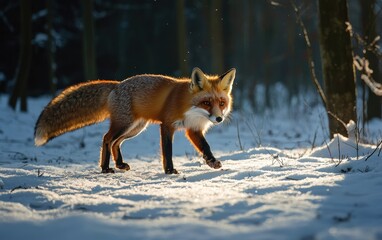 Fototapeta premium A clever fox walking through a snowy landscape