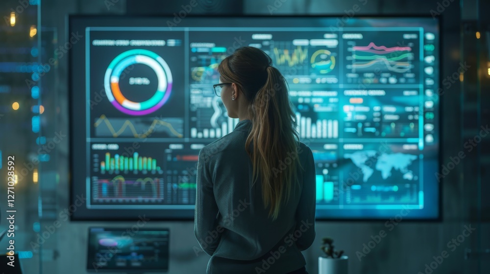 Poster A person with long hair and glasses examines digital dashboards displaying various data visualizations in a sleek office setting during the evening.