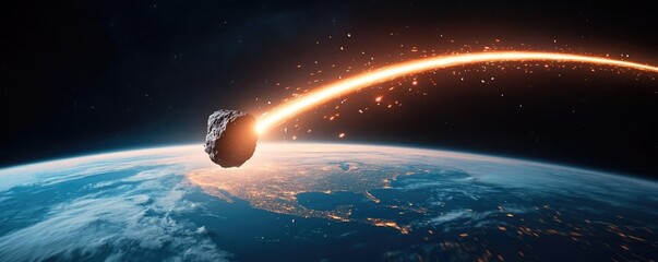 Asteroid impact idea. A breathtaking view of an asteroid entering Earth's atmosphere, emitting fiery trails.