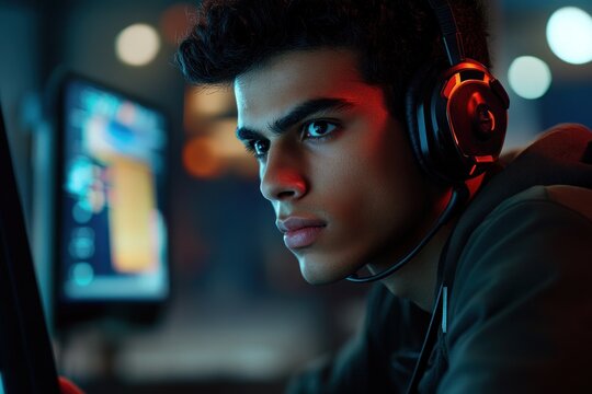 Focused gamer immersed in competitive esports environment