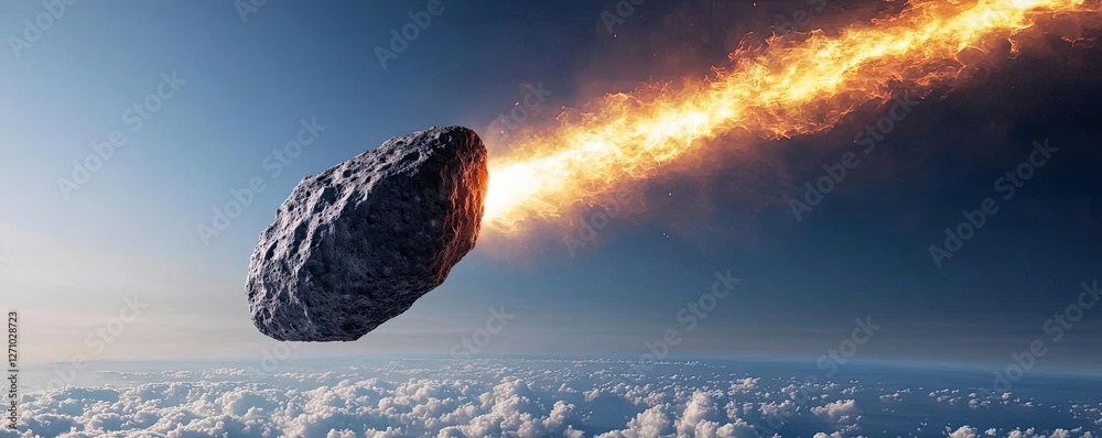 Poster asteroid impact concept. a dramatic image of a meteor soaring through the atmosphere, leaving a fier