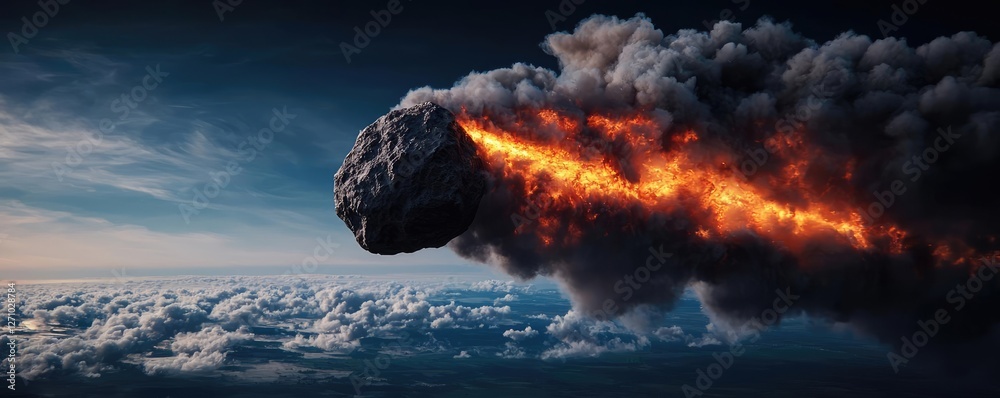 Poster asteroid impact concept. dramatic view of an asteroid entering the earth's atmosphere with fiery tra