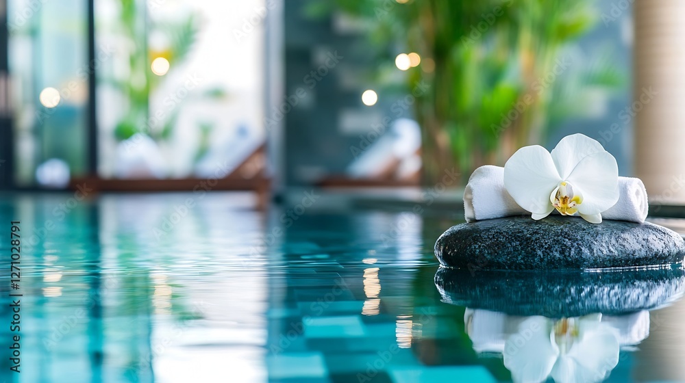 Poster tranquil spa setting with orchid and towels on stone beside reflective pool water : generative ai