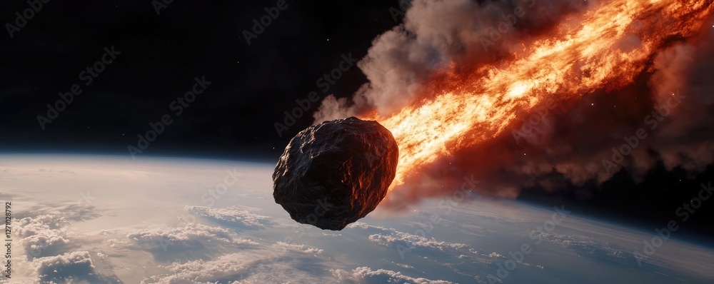 Poster asteroid impact concept. an asteroid hurtles towards earth, igniting in a fiery blaze as it enters t