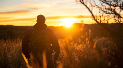 Fototapeta premium Adventurous Hiker Enjoying a Breathtaking Sunset View Over a Distant Horizon in Nature : Generative AI