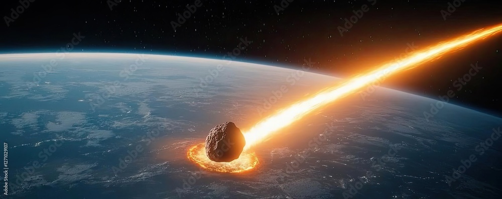 Poster asteroid impact idea. an asteroid plunges toward earth, emitting a fiery trail through space.