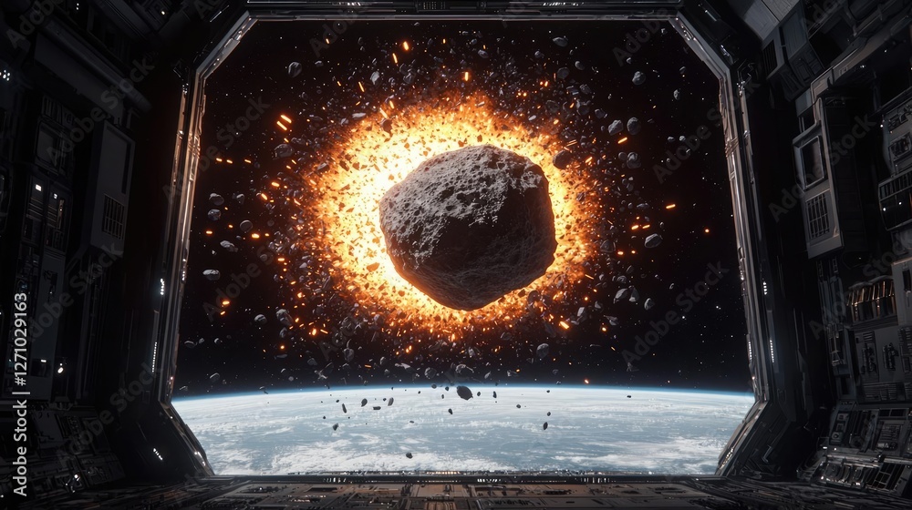 Aufkleber asteroid impact idea. a dramatic view of an asteroid entering earth's atmosphere, creating a fiery s
