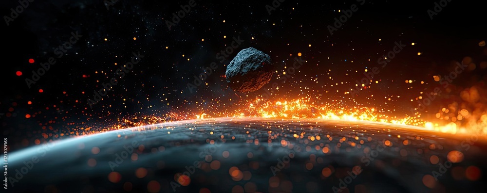 Poster Asteroid impact idea. A stunning view of an asteroid approaching a fiery planet in deep space.