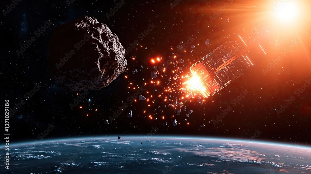 Poster Asteroid impact idea. A dynamic space scene depicting an asteroid colliding with a spacecraft.