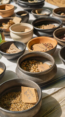 Rustic clay bowls with various spices