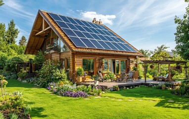 Obraz premium A cozy suburban home with solar panels on the roof and a green backyard