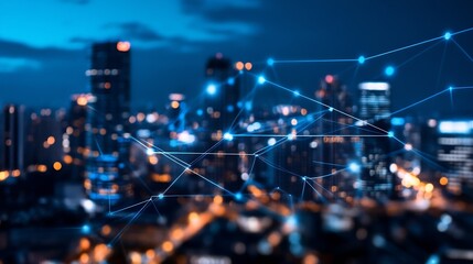 Abstract digital connection with glowing lines over blurred city skyline at night : Generative AI
