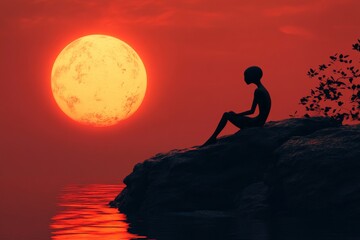 Obraz premium Silhouette of a figure sitting by the water at sunset with a large glowing sun in the background