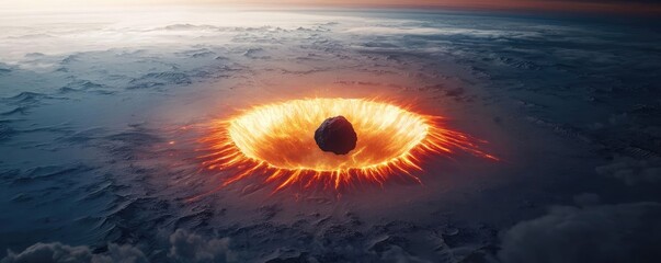 Asteroid impact idea. A stunning view of an asteroid impacting the Earth, showcasing dramatic fiery effects.