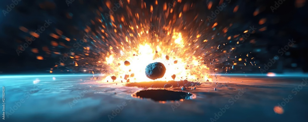 Poster Asteroid impact idea. A stunning visual of an exploding planet amidst a cosmic landscape.