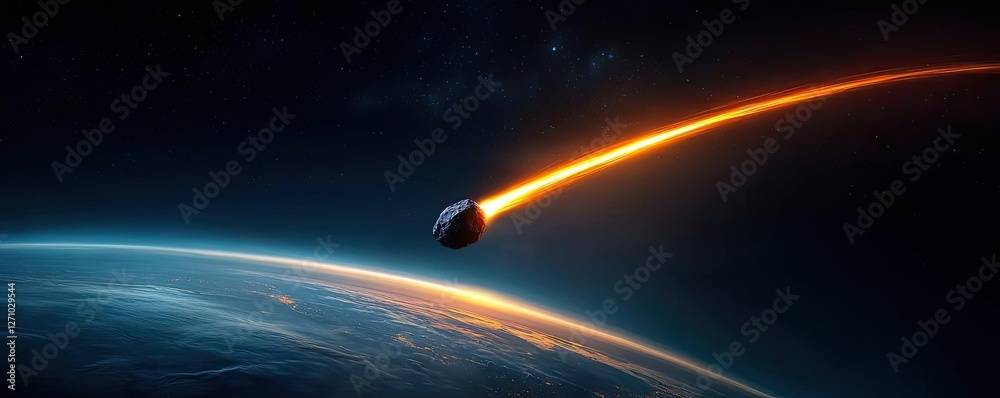 Poster asteroid impact idea. a spacecraft reenters earth's atmosphere with a fiery trail over the planet's 