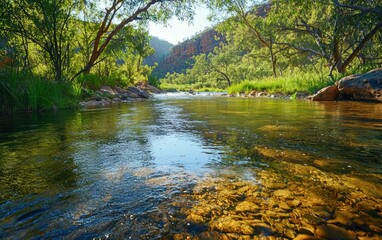 Obraz premium A crystal-clear river flowing through an untouched valley